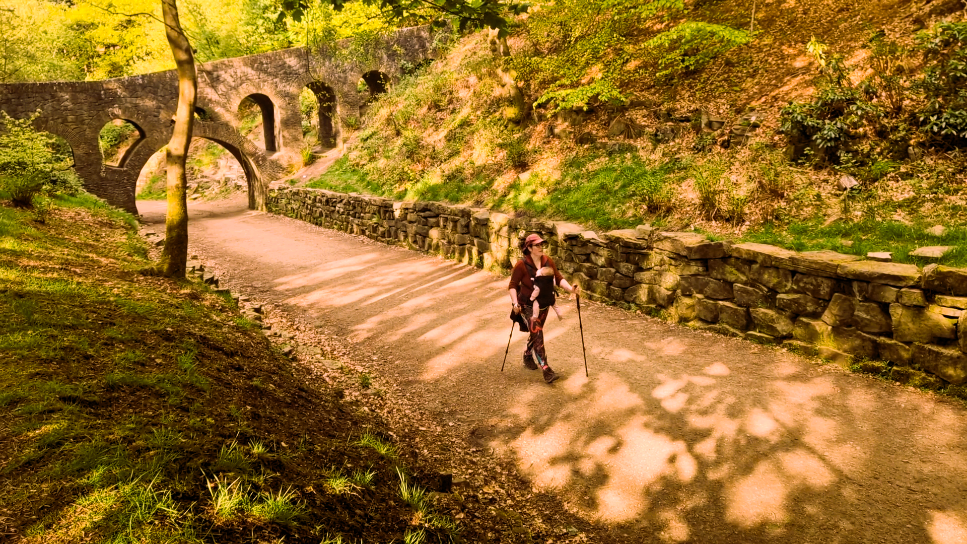 LeahinWanderlust walking away from Lever's Bridge, Rivington Terraced Gardens 